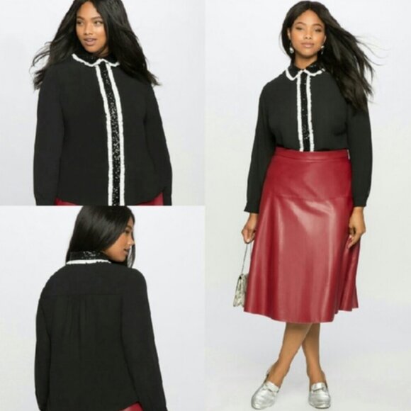 ELOQUII Studio Black and White Ruffle Sequin Tuxedo Button-Down TOP SZ. 16 - Picture 5 of 11